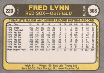 1981 Fleer #223 Fred Lynn Back
