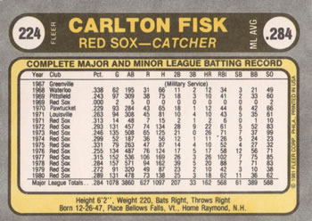 1981 Fleer #224 Carlton Fisk Back