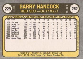 1981 Fleer #229 Garry Hancock Back