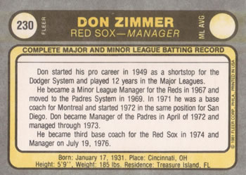 1981 Fleer #230 Don Zimmer Back