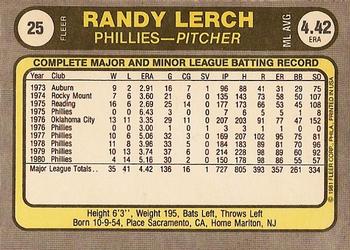 1981 Fleer #25 Randy Lerch Back