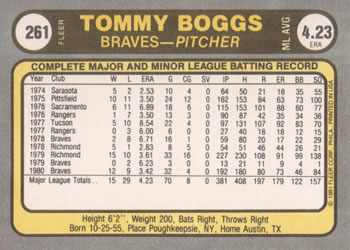 1981 Fleer #261 Tommy Boggs Back