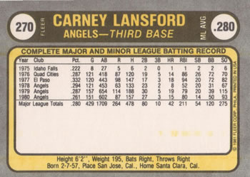 1981 Fleer #270 Carney Lansford Back