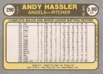1981 Fleer #290 Andy Hassler Back