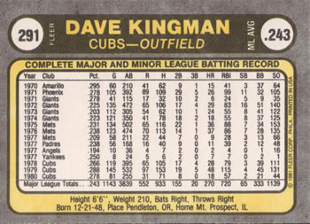 1981 Fleer #291 Dave Kingman Back