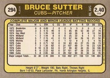 1981 Fleer #294 Bruce Sutter Back