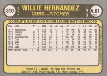 1981 Fleer #310 Willie Hernandez Back