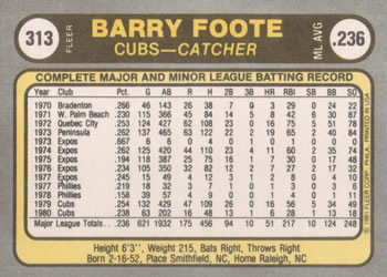 1981 Fleer #313 Barry Foote Back