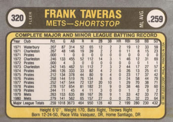 1981 Fleer #320 Frank Taveras Back
