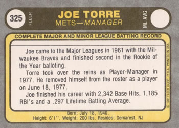 1981 Fleer #325 Joe Torre Back