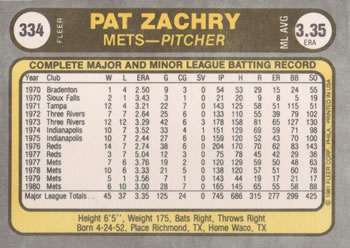 1981 Fleer #334 Pat Zachry Back