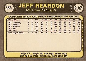 1981 Fleer #335 Jeff Reardon Back