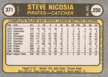 1981 Fleer #371 Steve Nicosia Back