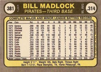 1981 Fleer #381 Bill Madlock Back