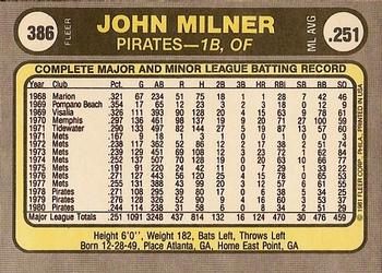 1981 Fleer #386 John Milner Back