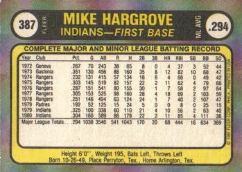 1981 Fleer #387 Mike Hargrove Back