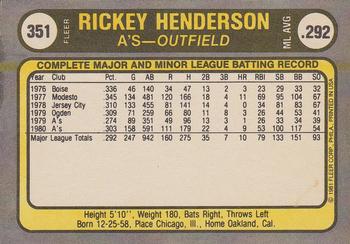 1981 Fleer #351 Rickey Henderson Back