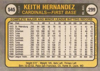 1981 Fleer #545 Keith Hernandez Back