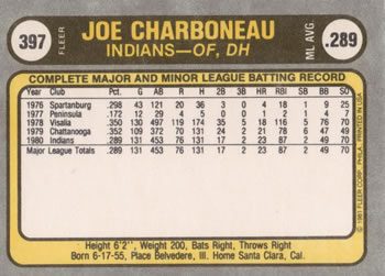 1981 Fleer #397 Joe Charboneau Back