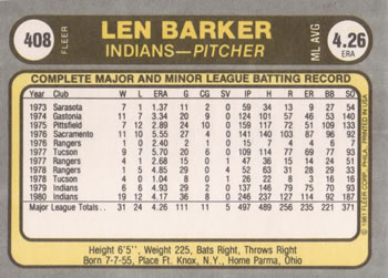 1981 Fleer #408 Len Barker Back