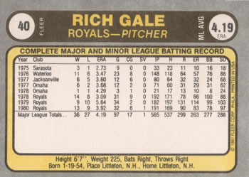 1981 Fleer #40 Rich Gale Back