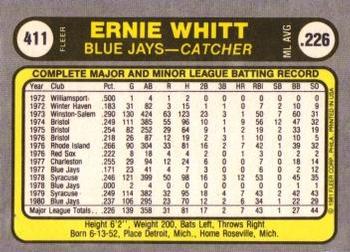 1981 Fleer #411 Ernie Whitt Back