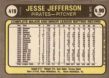 1981 Fleer #419 Jesse Jefferson Back