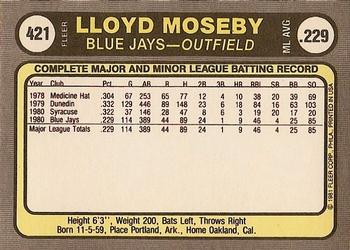 1981 Fleer #421 Lloyd Moseby Back