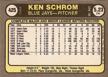 1981 Fleer #425 Ken Schrom Back