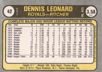 1981 Fleer #42 Dennis Leonard Back