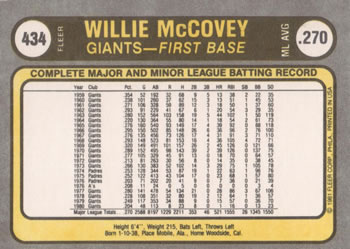 1981 Fleer #434 Willie McCovey Back