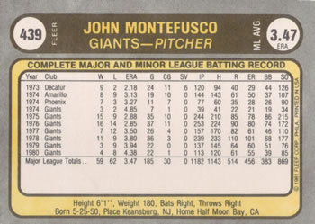1981 Fleer #439 John Montefusco Back