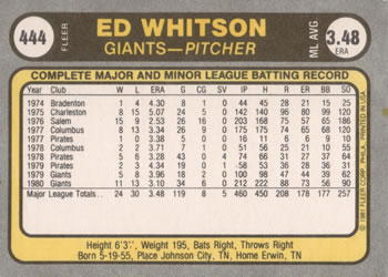 1981 Fleer #444 Ed Whitson Back