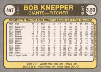 1981 Fleer #447 Bob Knepper Back