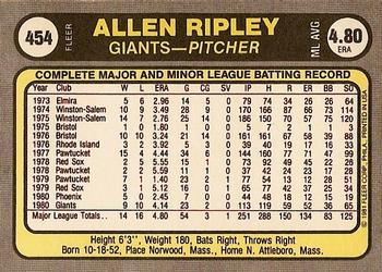 1981 Fleer #454 Allen Ripley Back