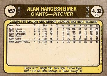 1981 Fleer #457 Alan Hargesheimer Back
