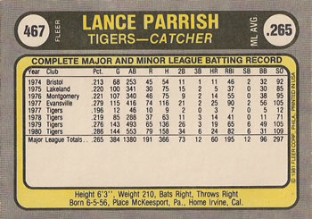 1981 Fleer #467 Lance Parrish Back
