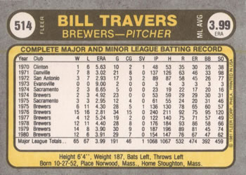 1981 Fleer #514 Billy Travers Back