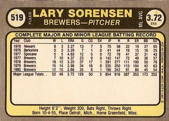 1981 Fleer #519 Lary Sorensen Back