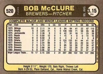 1981 Fleer #520 Bob McClure Back