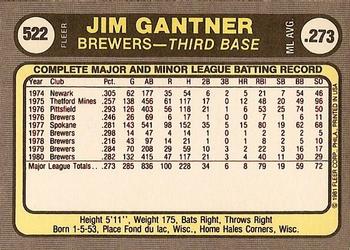 1981 Fleer #522 Jim Gantner Back