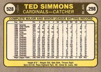 1981 Fleer #528 Ted Simmons Back