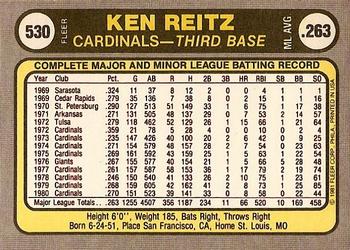 1981 Fleer #530 Ken Reitz Back