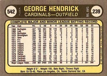 1981 Fleer #542 George Hendrick Back