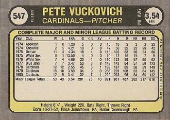 1981 Fleer #547 Pete Vuckovich Back