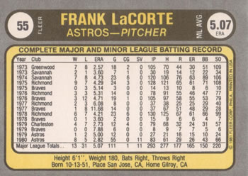 1981 Fleer #55 Frank LaCorte Back