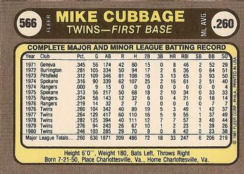 1981 Fleer #566 Mike Cubbage Back