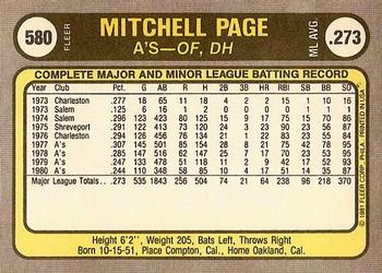 1981 Fleer #580 Mitchell Page Back