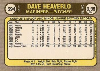 1981 Fleer #594 Dave Heaverlo Back