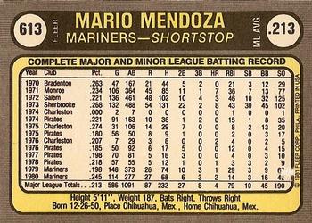 1981 Fleer #613 Mario Mendoza Back